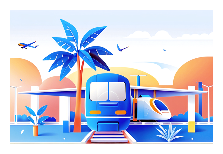 Illustration of a train facing the camera, with a palmtree nearby