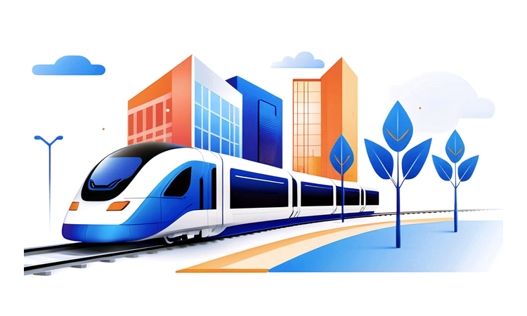 Illustration of a highspeed train zooming past commercial buildings