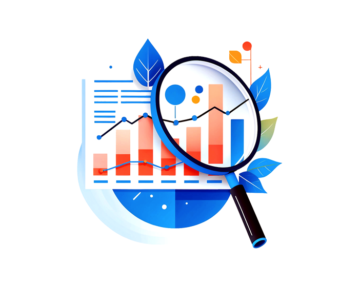 Illustration of a magnifying glass zooming in on various graphs