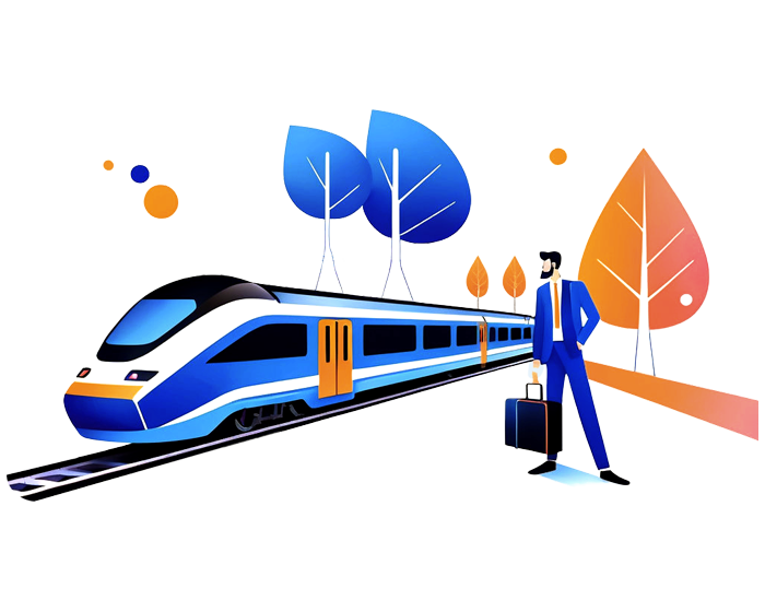 Illustration of a man with suitcase next to a highspeed train